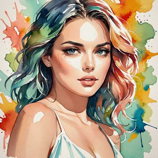 The image depicts a woman with long, colorful hair wearing a white dress and standing against a vibrant background of splashes of red, blue, green, yellow, and orange colors. The painting style is realistic, focusing on the intricate details of the woman's face and hair.