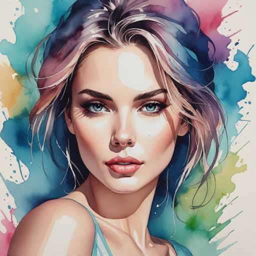 The image depicts a woman with long blonde hair and blue eyes wearing a light blue dress against a backdrop of watercolor splatters in various shades of pink, purple, green, and yellow. The artist's signature is visible at the bottom right corner.