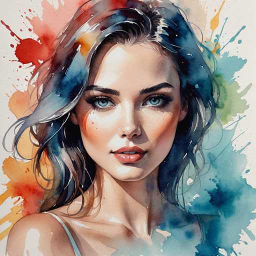The image depicts a woman with long dark hair wearing a blue dress and her face is the main focus of the painting. The background features splashes of red, orange, yellow, green, and blue colors that contrast with the darker tones of the woman's hair and dress.