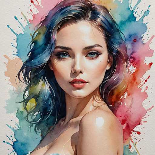 The image depicts a woman with long dark hair wearing minimal makeup and dressed in a sleeveless top. The background is a vibrant mix of colors including blue, pink, green, and red splatters.