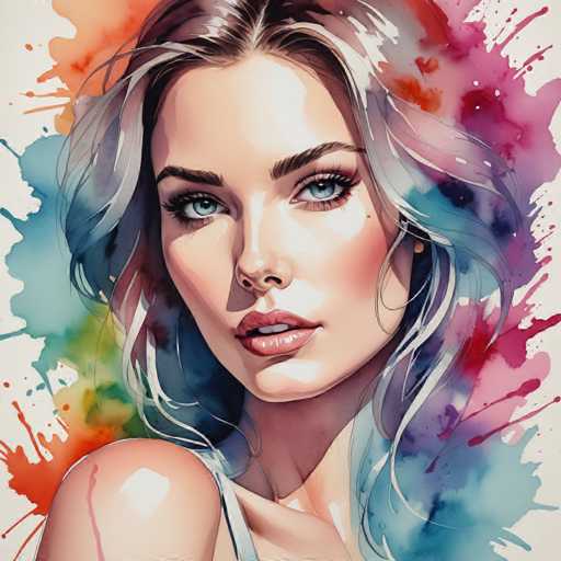 The image depicts a woman with long blonde hair and blue eyes looking directly at the camera. The background is a vibrant mix of colors including red, orange, yellow, green, purple, pink, and white splatters that create an abstract pattern around her face.