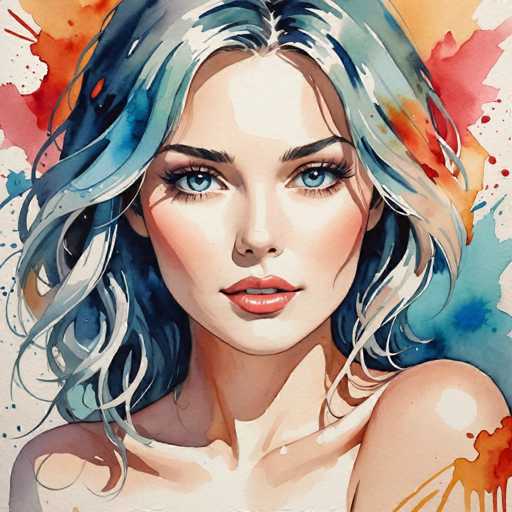 The image depicts a woman with blue eyes and long hair wearing a red lipstick. The background is a gradient of orange and white colors, creating a vibrant and dynamic atmosphere around the subject.