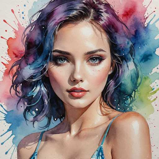 The image depicts a woman with long dark hair wearing a blue dress and a white top. The background is a vibrant mix of colors including red, purple, green, and pink splatters.