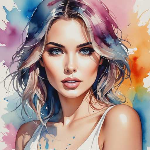 The image depicts a woman with long blonde hair wearing a white tank top and blue eyes looking directly at the camera. The background is a vibrant mix of colors including pink, orange, and purple splatters.
