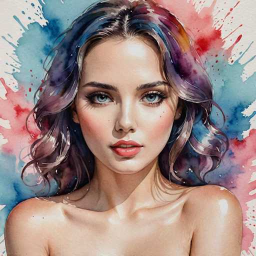 The image depicts a woman with long hair and blue eyes wearing red lipstick. She is standing against a backdrop of watercolor splatters in shades of pink and purple. The painting style is realistic, focusing on the intricate details of the subject's face and features.