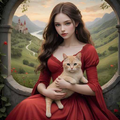 A woman dressed in a red dress is holding an orange cat with white paws and ears. The setting appears to be a castle surrounded by mountains, suggesting the image might have been taken during sunset or dusk.