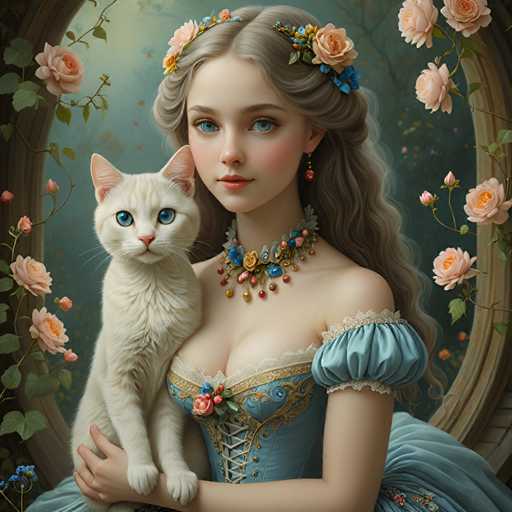 The image depicts a woman and her white cat standing together against a backdrop of pink roses and green foliage. The woman is wearing a blue dress with gold accents and has long blonde hair styled in loose waves. She is holding the cat's paw gently as they both stand in front of a mirror, which reflects their surroundings.
