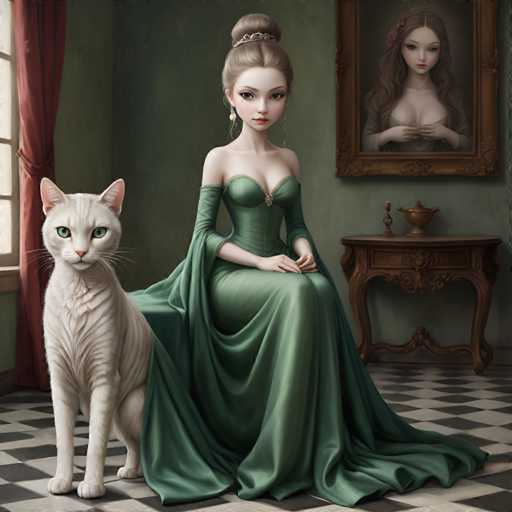 The image depicts a woman wearing a green dress and tiara standing next to a white cat on a black and white checkered floor. The room has a green color scheme with red curtains in the background.
