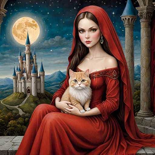 A woman dressed in a red dress and a cat sitting on her lap is the main subjects of this image. The setting appears to be a castle or palace with a large moon visible in the background.