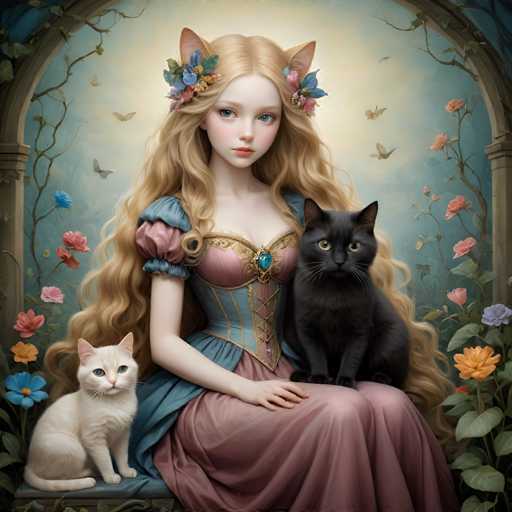 A woman with blonde hair and a pink dress is seated on a bench surrounded by two cats - one white and the other black. The setting appears to be an art gallery or museum, as indicated by the presence of plants in the background.