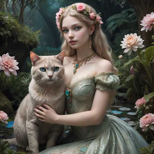 A woman wearing a green dress and gold jewelry is sitting on a rock with her cat beside her. The background features lush greenery and pink flowers.