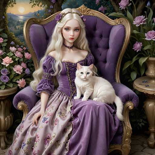 The image depicts a woman wearing a purple dress with white flowers and a gold crown sitting on a chair next to her white cat. The setting appears to be an indoor space decorated with pink and purple flowers, creating a serene and elegant atmosphere.