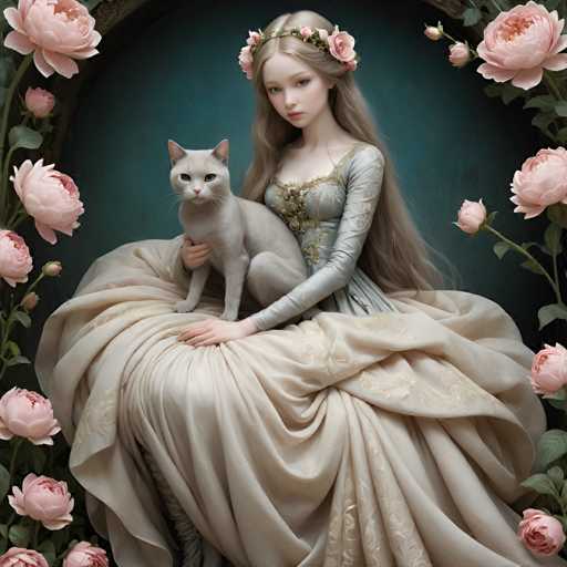A woman with long blonde hair is seated on a chair, wearing a white dress and holding a cat that has a pink flower crown on its head. The background features a blue wall adorned with pink flowers.