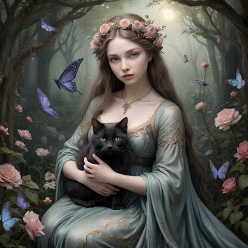 A woman dressed in a blue dress with gold accents is holding a black cat and surrounded by pink and purple flowers. The background features trees and butterflies.