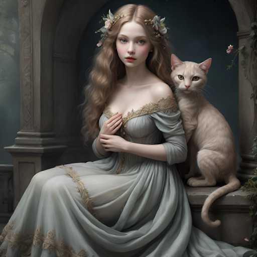 A woman with long blonde hair and a white dress is sitting on a stone bench next to an orange cat wearing a gold crown. The setting appears to be a garden or park, with trees visible in the background.