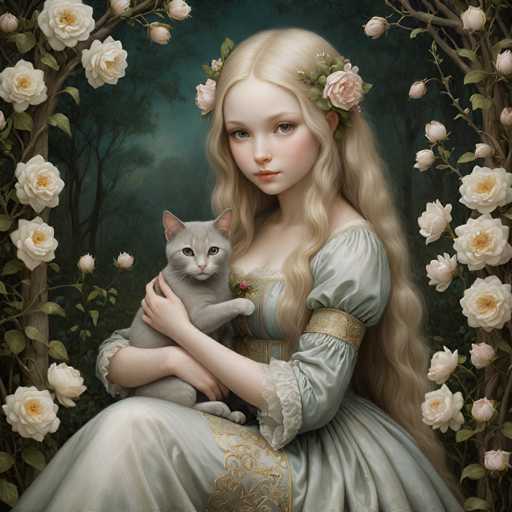 A woman with blonde hair wearing a blue dress is holding a gray cat in her arms while sitting under an archway adorned with white roses and green leaves.