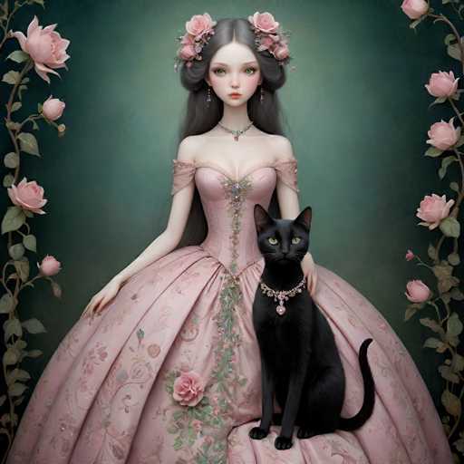 The image depicts a woman and her black cat sitting together on a rock. The woman is wearing a pink dress with green floral designs and has long hair styled in an updo. She is also wearing a necklace that features a large pendant. The cat is dressed in a black outfit, complete with a collar and earrings. They are positioned against a backdrop of pink roses and greenery, creating a serene and picturesque scene.