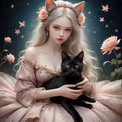 A woman with blonde hair and a white dress is holding a black cat on her lap. The background features pink flowers and stars against a dark blue sky.