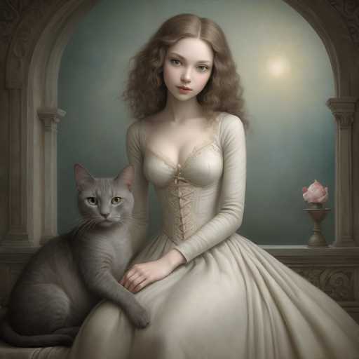 A woman dressed in a white dress with a pink rose on her lapel is seated next to a gray cat. The painting features a blue sky and an archway as the background.
