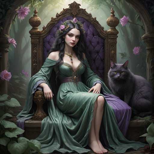 A woman with long dark hair is seated on a throne-like chair adorned with flowers and gold accents, wearing a green dress that matches the color of her hair. A cat is sitting next to her on the ground.