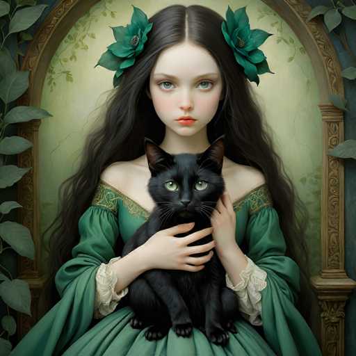 A woman with long dark hair wearing a green dress and holding a black cat is the main subject of this image. The background features an archway adorned with leaves, adding a touch of nature to the scene.