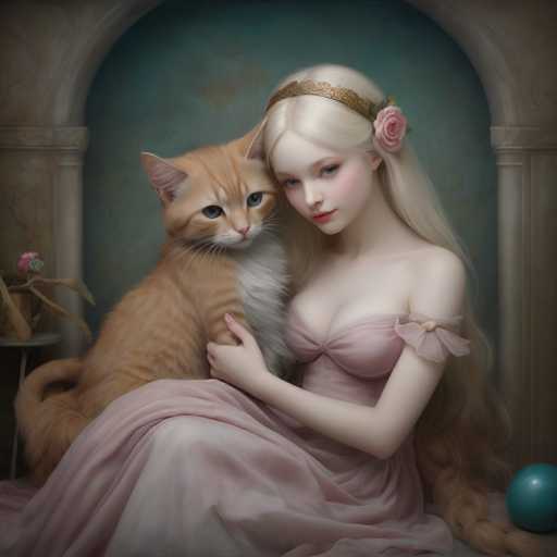 A woman with blonde hair and a pink dress is sitting on a bench next to an orange cat wearing a gold crown. The setting appears to be indoors, possibly within a room or a gallery space, as indicated by the presence of a blue ball in the background.
