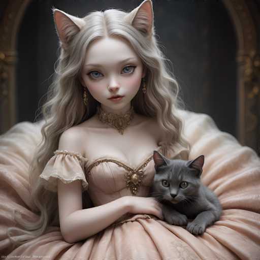 A blonde-haired woman with blue eyes is sitting on a pink and white striped couch holding a gray cat.
