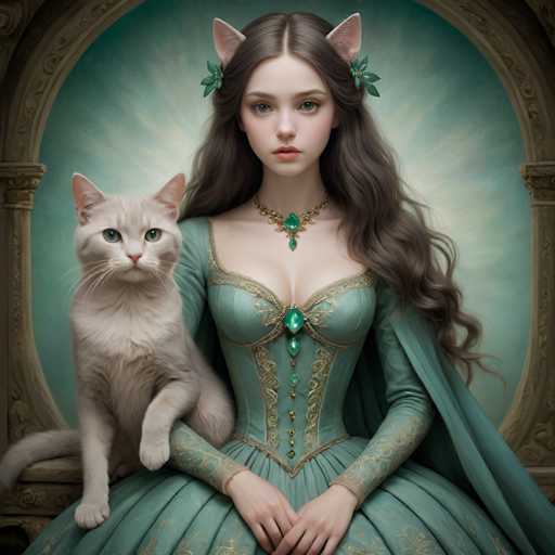 A woman with long brown hair and a necklace is holding a white cat on her lap. The background features a green archway adorned with gold accents.