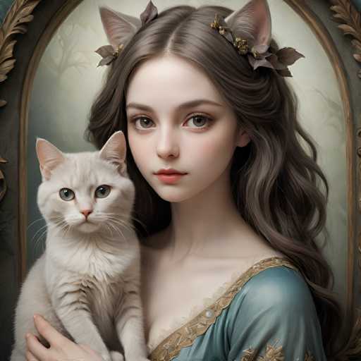 A woman with long brown hair is holding a white cat in her arms against a green background adorned with gold leaves and branches.