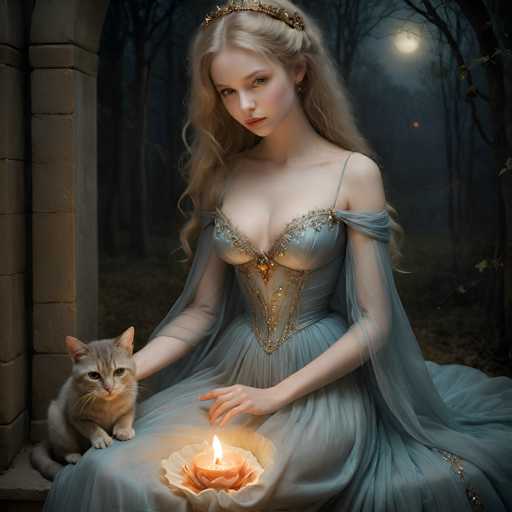 A woman with blonde hair and blue dress is sitting on a stone bench holding a lit candle while her cat sits next to her.