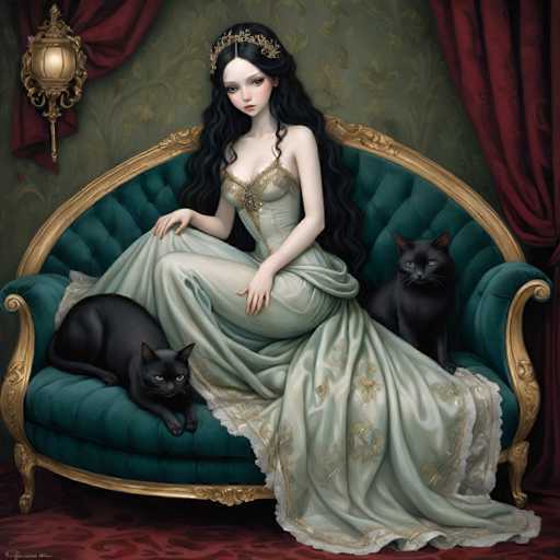 A woman is seated on a green velvet couch with two black cats resting on her lap and behind her. The room has a red curtain and gold accents, creating an opulent atmosphere.