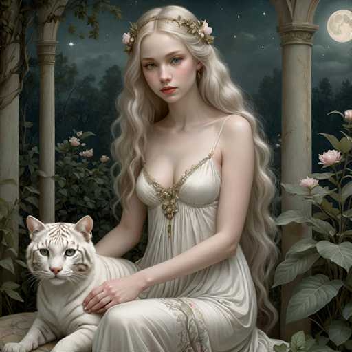 The image depicts a woman with blonde hair wearing a white dress and holding a white cat on her lap. The setting is an outdoor garden or courtyard, with trees and plants visible in the background.