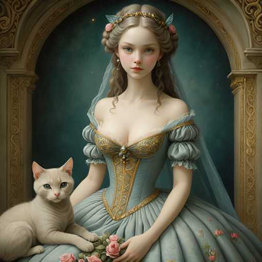 The image depicts a woman wearing a blue dress and a gold crown with pink flowers on her head, holding a rose in her hand. A white cat is sitting next to the woman. The background features an archway with gold trim and a blue wall adorned with gold accents.