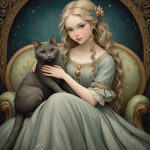 A woman with blonde hair is sitting on a green chair and holding a gray cat. The painting has a blue background and gold accents, giving it an elegant and regal appearance.