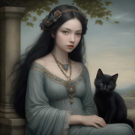 A woman with long dark hair wearing a blue dress and a crown of flowers sits next to her black cat on a stone wall.