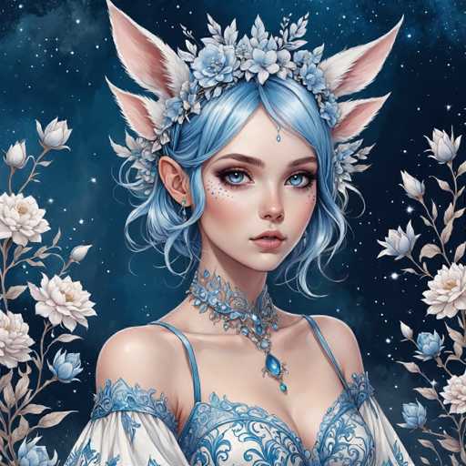 The image depicts a woman with blue hair and an ornate headdress adorned with white flowers and gold accents. She is wearing a blue dress that features intricate lace detailing. The background of the image is dark blue, filled with stars and other celestial elements, creating a sense of depth and wonder.