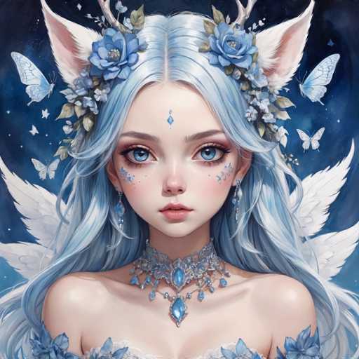 The image depicts a beautiful young woman with blue hair and wings adorned with flowers. She is wearing a necklace made of blue gemstones and has a crown on her head. The background features a dark blue sky filled with white clouds and butterflies.