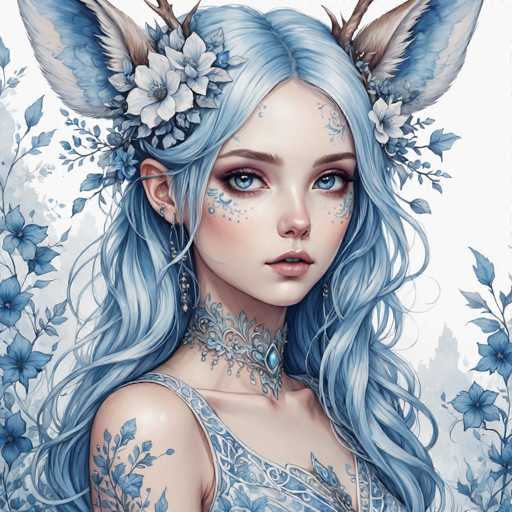 The image depicts a woman with blue hair and flowers adorning her ears and neck. She is wearing a white dress that features blue floral designs on the bodice. The background of the image is filled with blue flowers, creating a harmonious color scheme throughout the scene.
