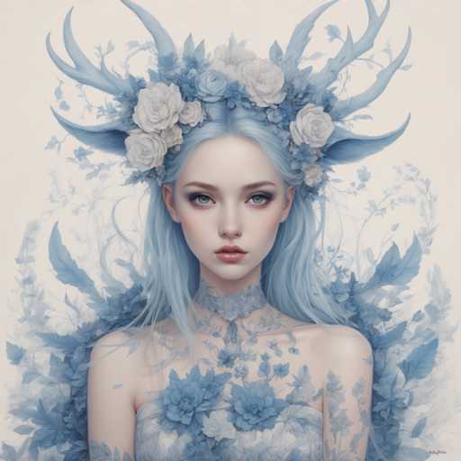 The image depicts a woman with long blonde hair wearing a crown made up of flowers and leaves. The background is white, which contrasts with the blue flowers on her head. She has a serious expression on her face as she gazes directly at the camera.