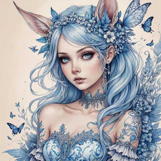 The image depicts a woman with blue hair and a crown made up of flowers on her head. She is wearing a blue dress adorned with white flowers and has tattoos on her arms. The background features a light beige color with scattered butterflies.