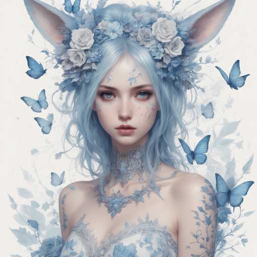 The image depicts a woman with blue hair and a crown of flowers on her head. She is wearing a white dress adorned with blue flowers. The background features a white canvas with black dots scattered throughout it, creating the impression that she is surrounded by butterflies or other flying creatures.