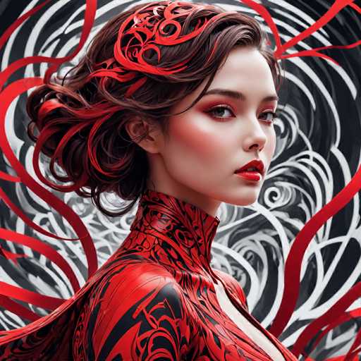 The image shows a close-up portrait of a woman with long brown hair styled in an updo and wearing a red headband. The background is black and white, featuring a spiral pattern that adds depth to the composition.