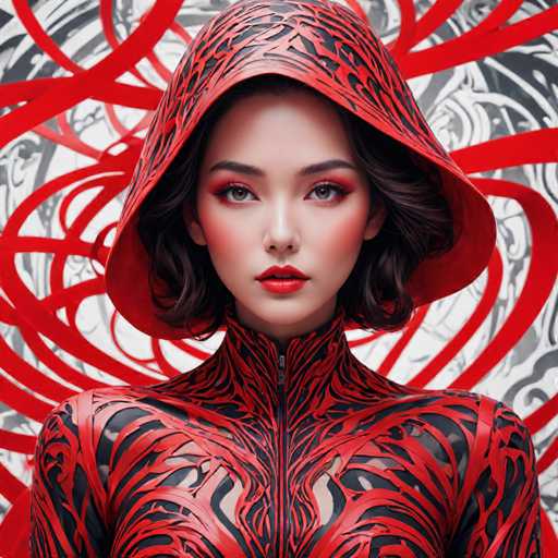 The image shows a close-up portrait of a woman wearing a red hooded jacket with black and white designs on the sleeves. The woman has dark hair styled in an updo and is wearing red lipstick.