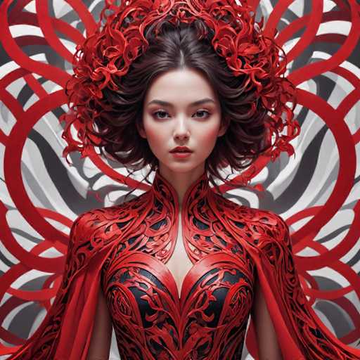 The image shows a woman with long brown hair wearing a red headpiece and a black dress adorned with intricate designs. The background features a pattern of red circles against a white backdrop.
