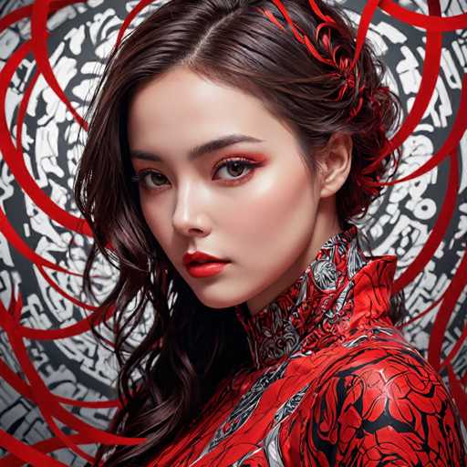 The image shows a young woman with long brown hair wearing a red and black patterned dress against a black background with white swirls. The woman is looking directly at the camera with an expression of concentration or thoughtfulness.