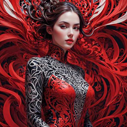 The image shows a woman with long brown hair wearing a red and black dress adorned with intricate designs. The background is a chaotic mix of red and white lines that appear to be swirling around the woman's head.