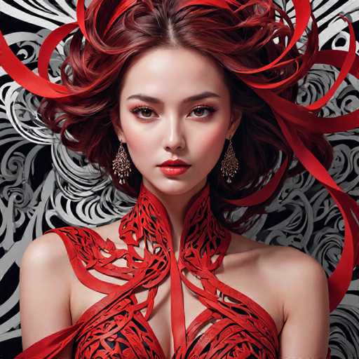 The image shows a young woman with red hair wearing a red dress and earrings. She is looking directly at the camera with an expression of concentration or contemplation. The background features a black and white patterned design that adds depth to the scene.
