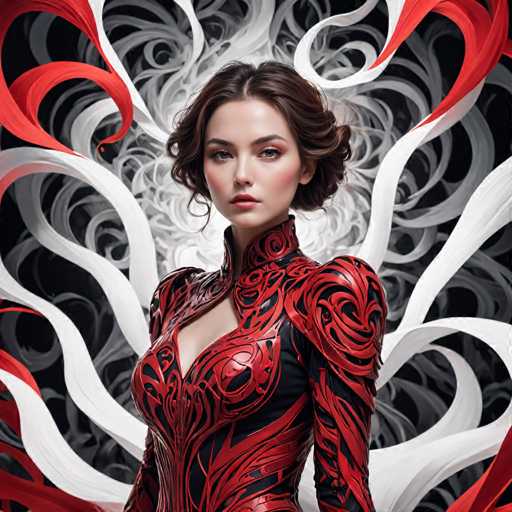 The image shows a woman wearing a red and black dress with intricate designs on the bodice and sleeves. The background is a black and white patterned design that resembles waves or curls.