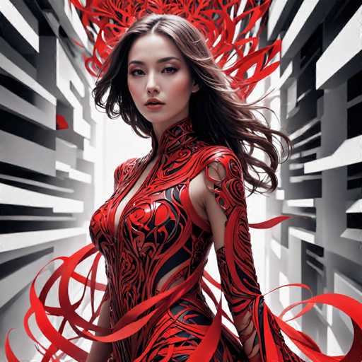 The image shows a woman with long brown hair wearing a red and black costume that is intricately designed with red streamers flowing down her back. The background features a stark white wall with black lines running across it, creating an abstract pattern.