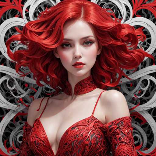 The image shows a close-up portrait of a woman with red hair styled in loose curls and wearing a red dress that features intricate designs on the bodice. The background is black and white, adorned with circular patterns that add depth to the composition.